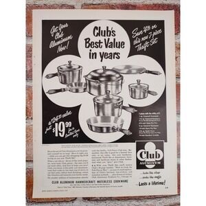 1950 Club Aluminum Pots‎ Pans Kitchenware Best Value Vtg PRINT AD Monochrome